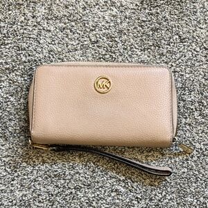 Michael Kors Nude Pebbled Leather Zip-Around Wristlet Wallet with Gold MK